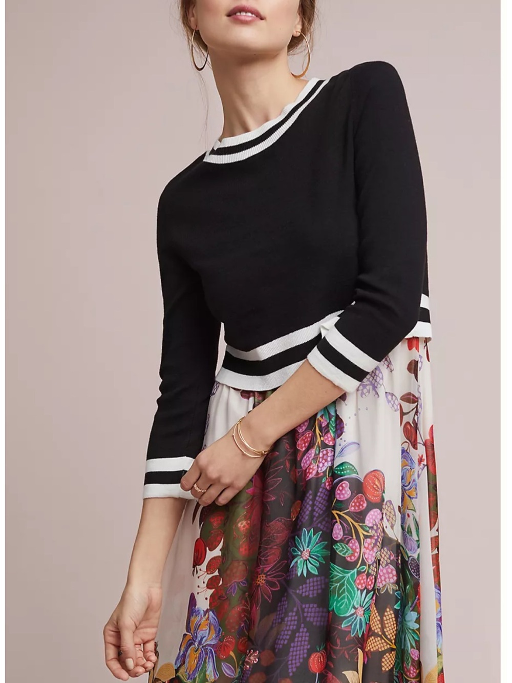 Anthropologie Black & White Cropped Sweater Midi Dress with Floral Skirt
